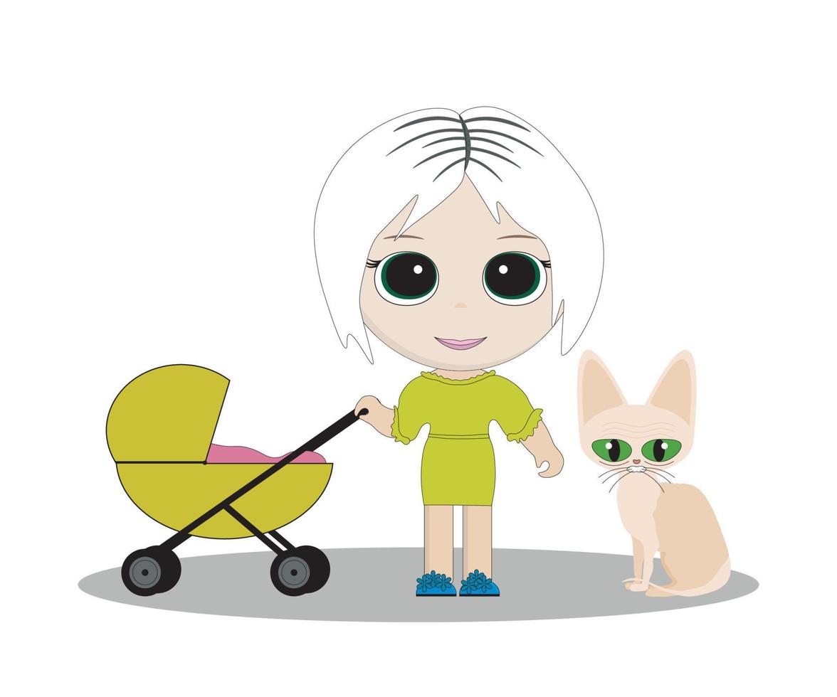 una niña con un cochecito con un niño y un gato esfinge. vector