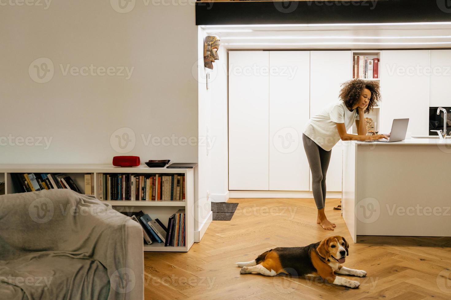 Black young woman uses her laptop and stands at kitchen counter photo
