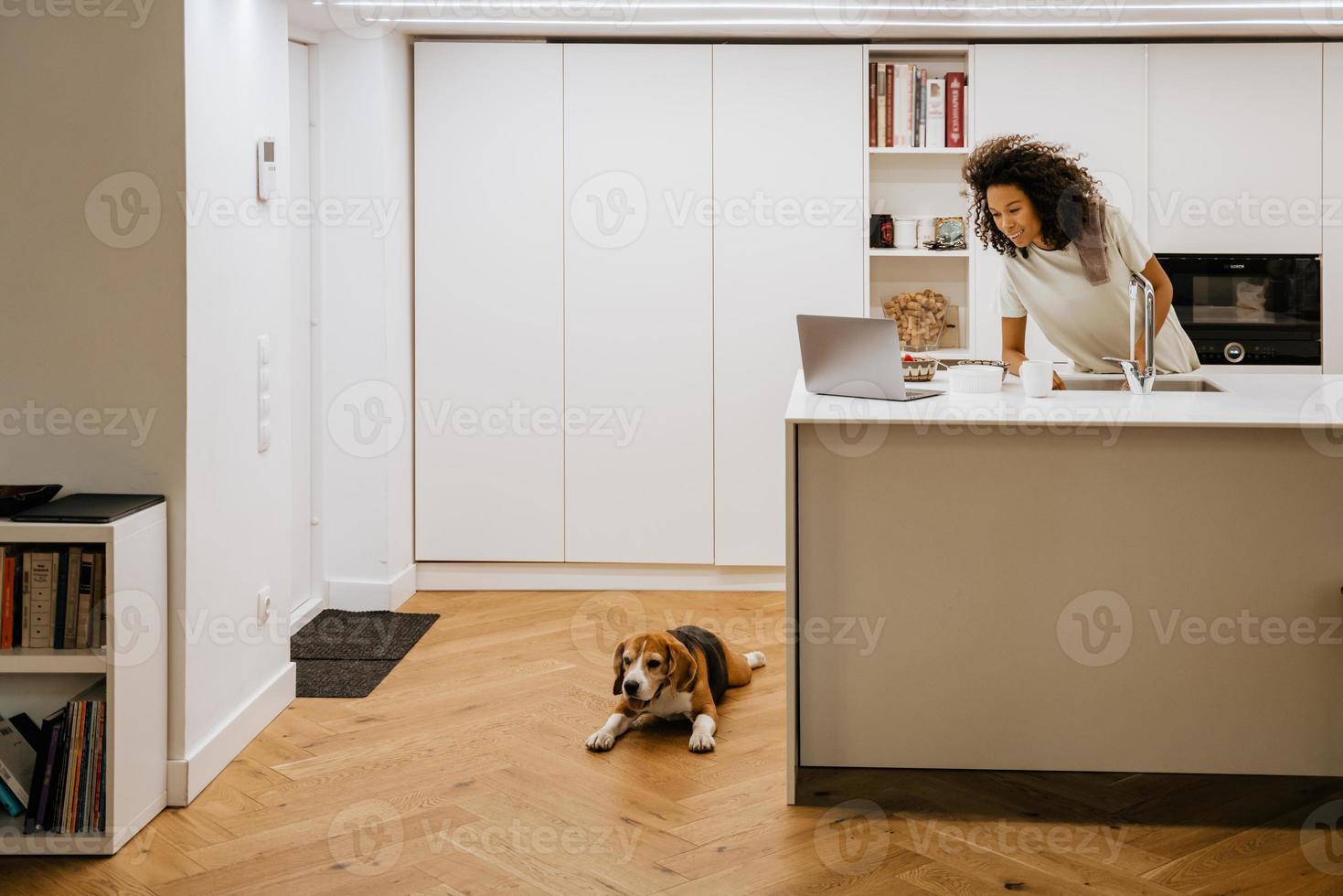 Black young woman washing dishes while using laptop at the kitchen counter with dog on floor photo
