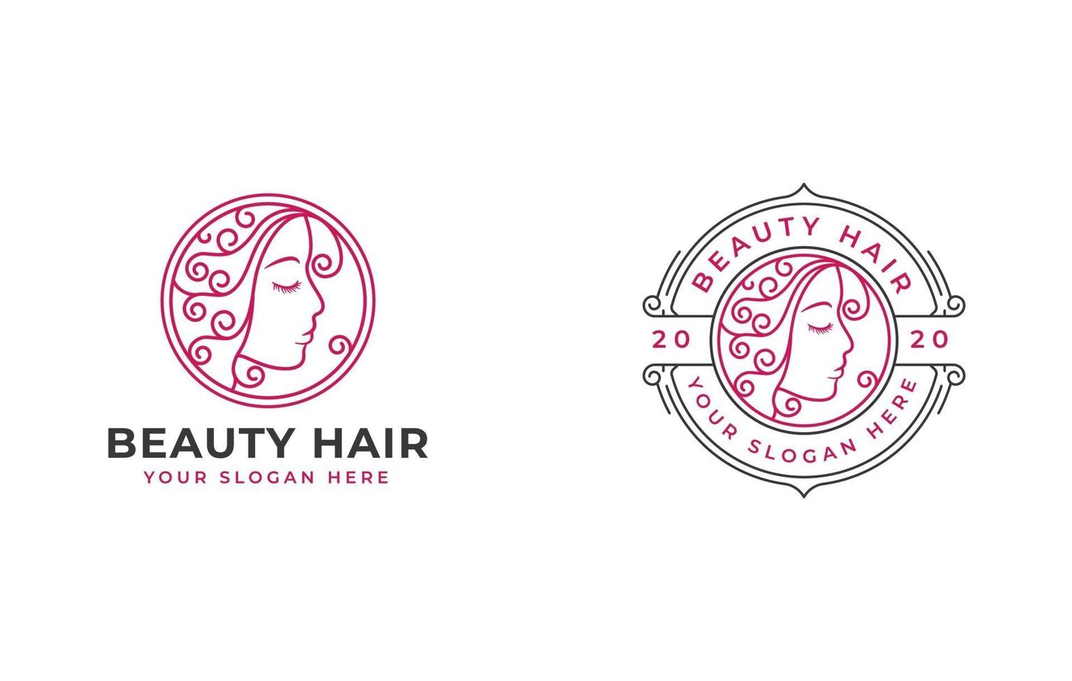 Diseño de logotipo de mujer de salón de belleza con insignia circular vector