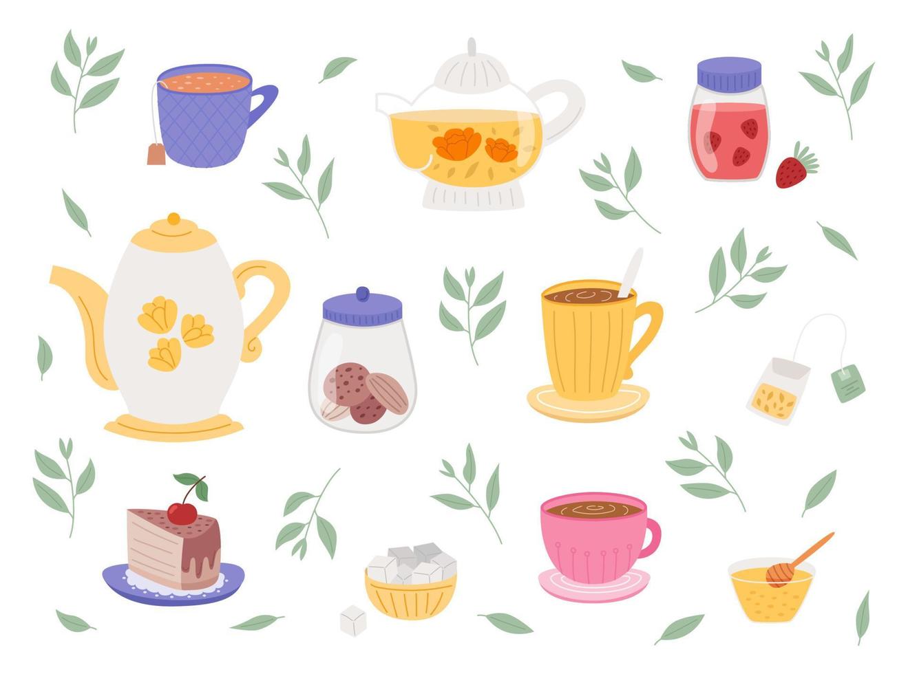 lindo juego de té con tazas, ollas y dulces vector