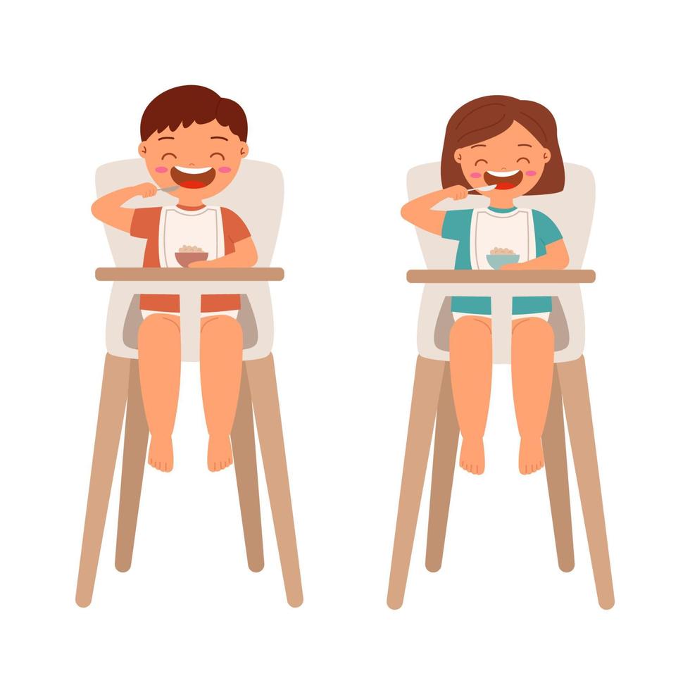 Toddler boy and girl eat in a high chair vector