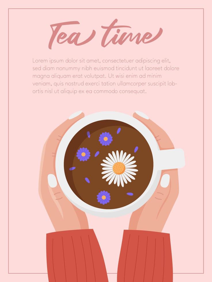 Hands holding cup of tea. Web banner template vector