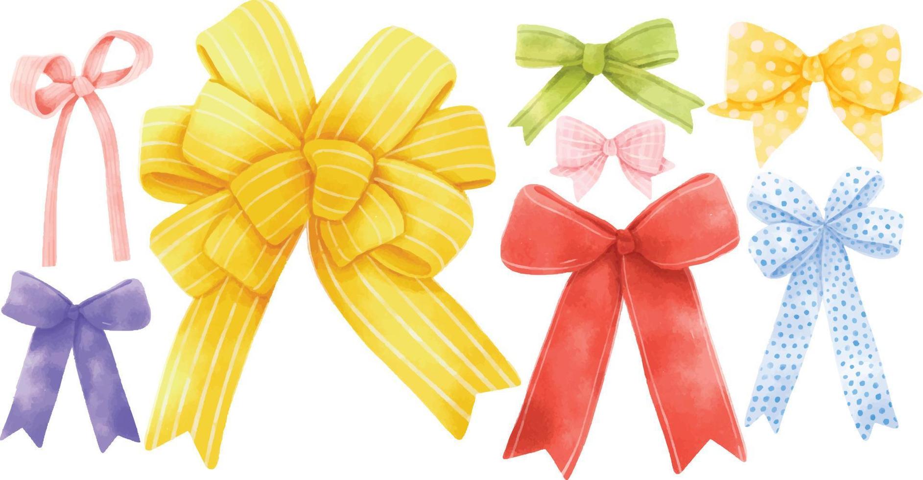 Set of gift ribbon bow illustrations hand painted watercolor styles vector