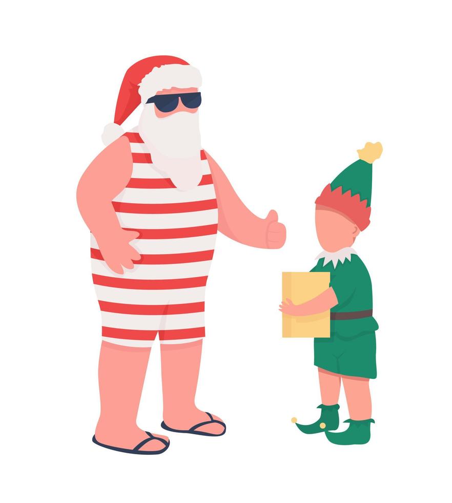 Funny Santa with elf helper semi flat color vector characters