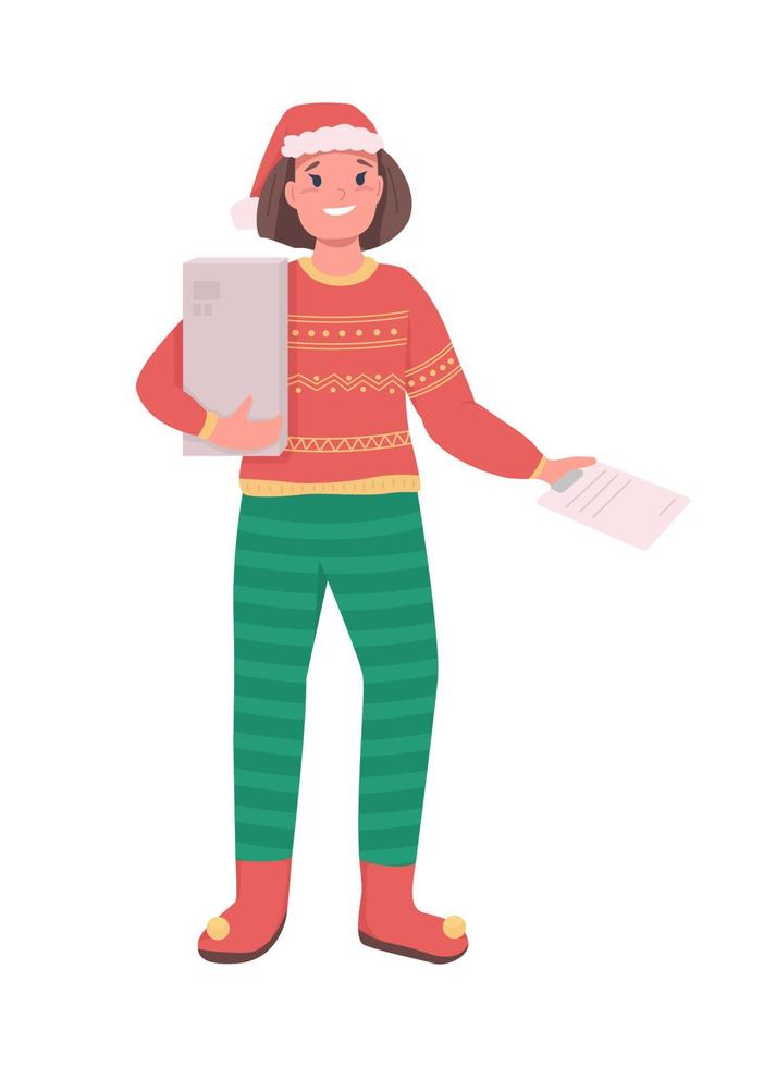 Delivery woman on Xmas semi flat color vector character