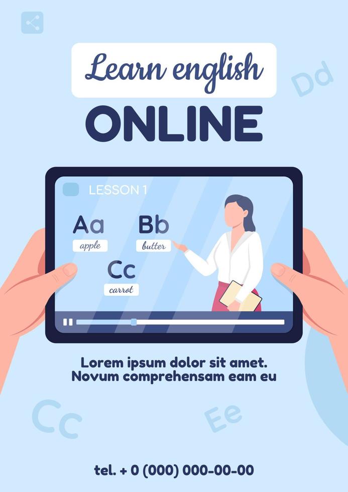 aprender inglés en línea cartel plano vector plantilla