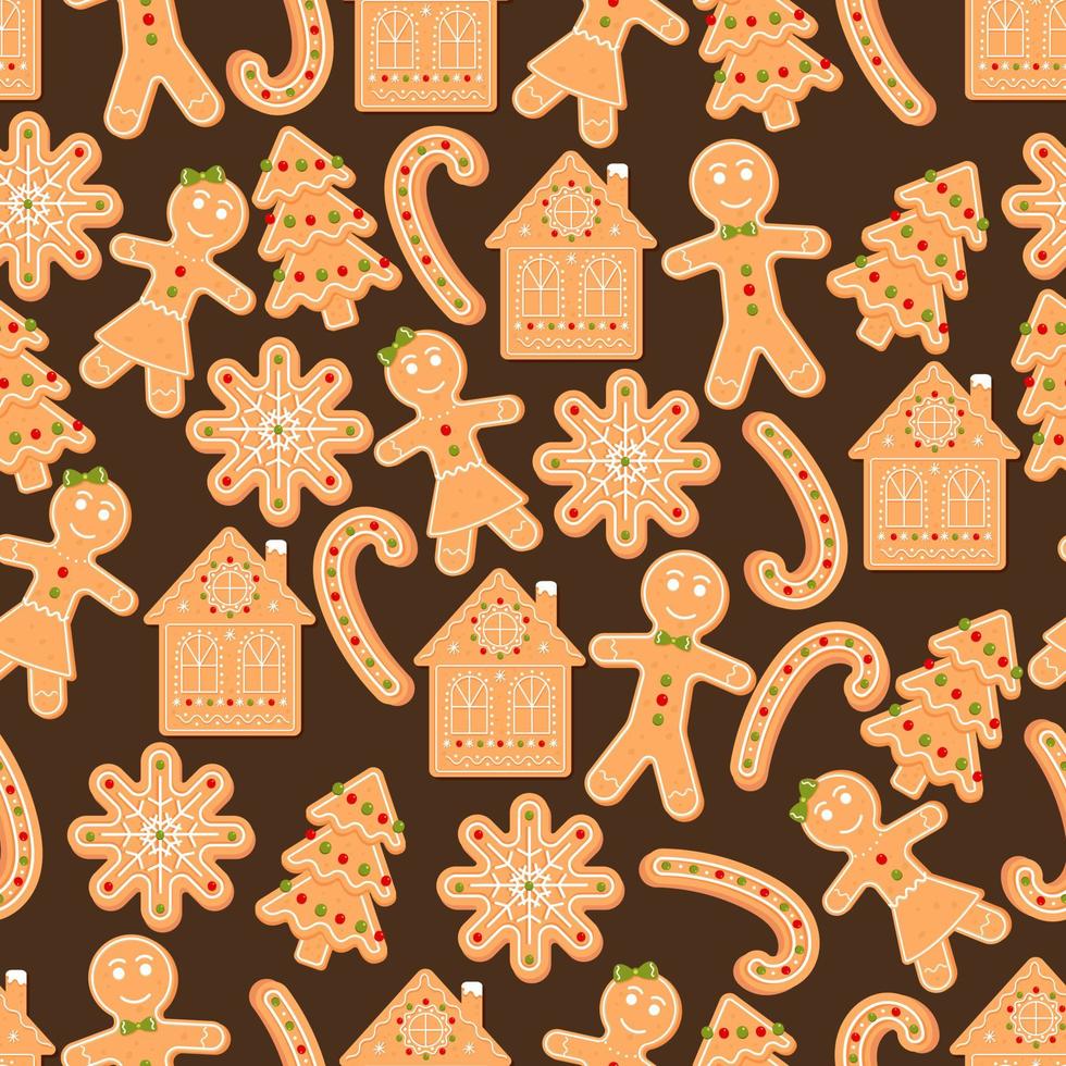 Seamless pattern with gingerbread man, snowflake, house, candy. Christmas cookie. Cartoon vector illustration on brown background.