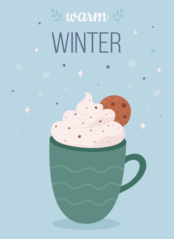 Merry Christmas, hello winter greeting card. Hot drink with ginger cookie. vector