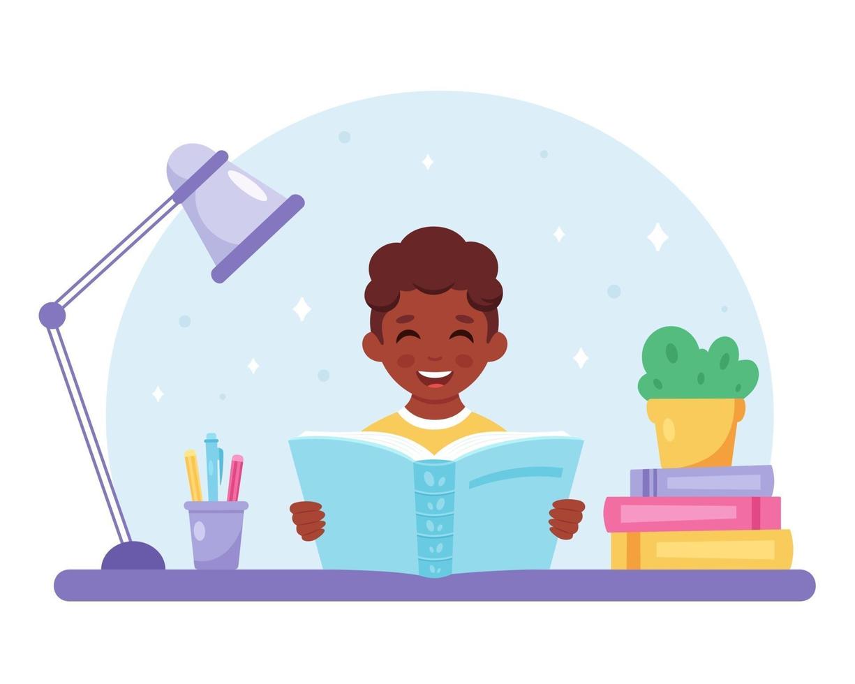 Black boy reading book. Boy studying with a book. vector