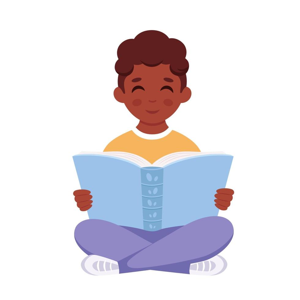 Black boy reading book. Boy studying with a book. vector