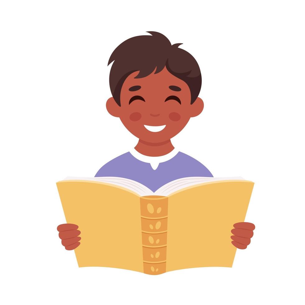 Black boy reading book. Boy studying with a book. vector