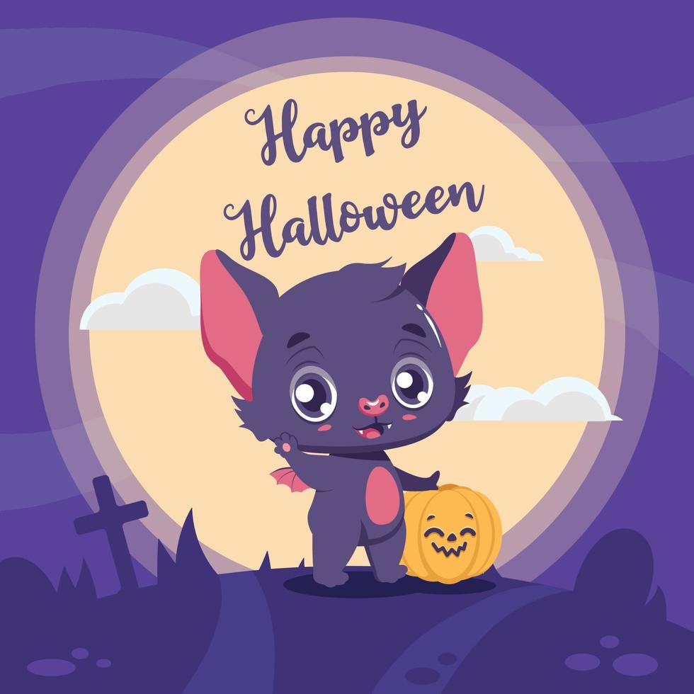Halloween greeting with cute little cartoon bat vector