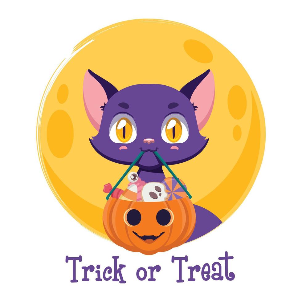 Halloween Trick or Treat illustration with cute cat holding a pumpkin full of sweets vector