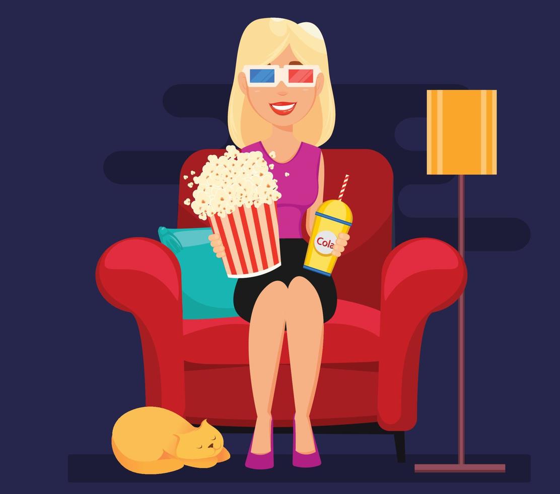 Woman at home sitting on comfortable armchair and watching movie in 3D-glasses. vector