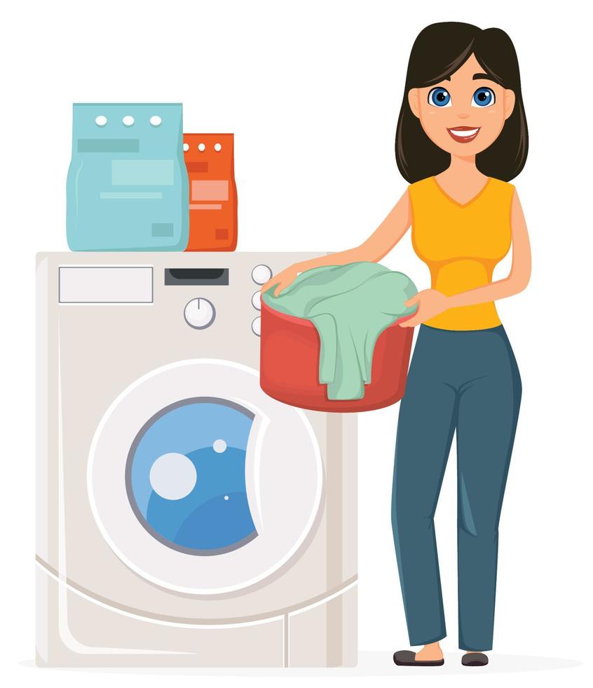 Housewife washes clothes in the washing machine. Pretty woman doing domestic work. vector