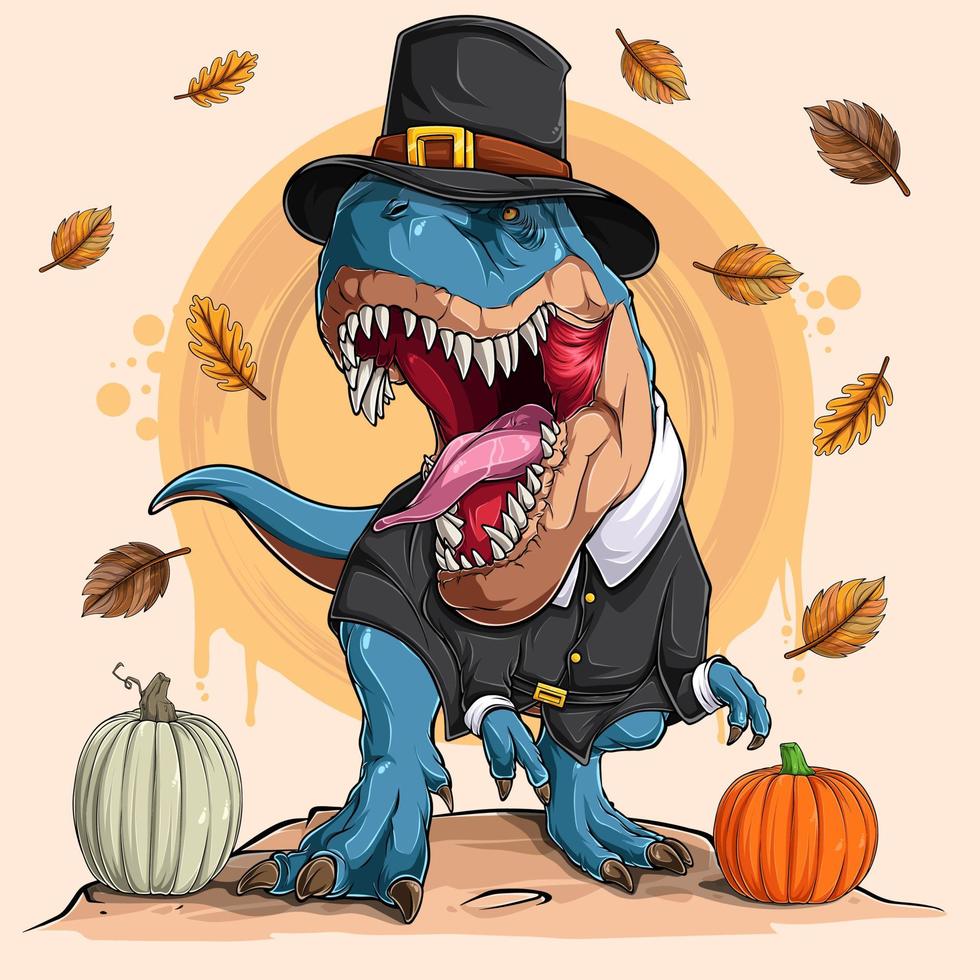 dinosaurio aterrador t-rex con disfraz de peregrino rugiendo por acción de gracias y día nacional de la calabaza vector