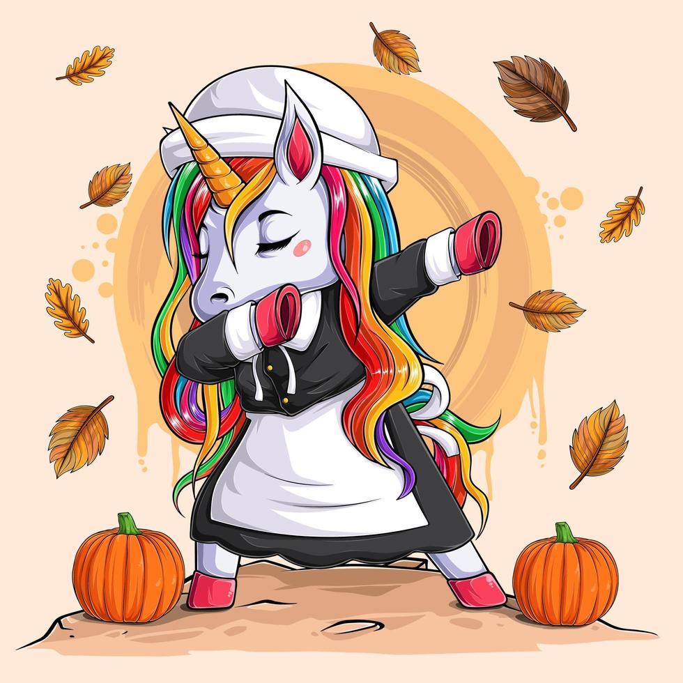 Funny Unicorn with pilgrim costume doing dabbing dance for thanksgiving and National Pumpkin day vector