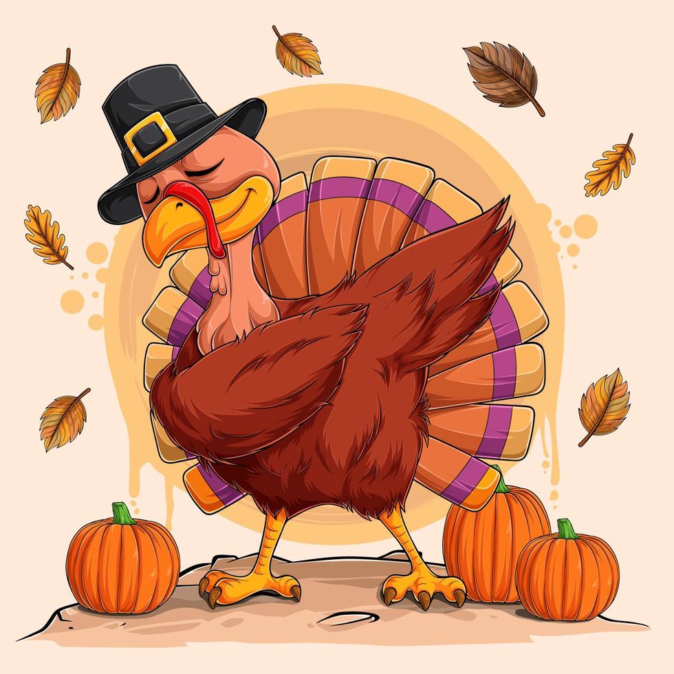 Funny turkey doing dabbing dance for Thanksgiving, National Pumpkin day and Harvest Festival vector