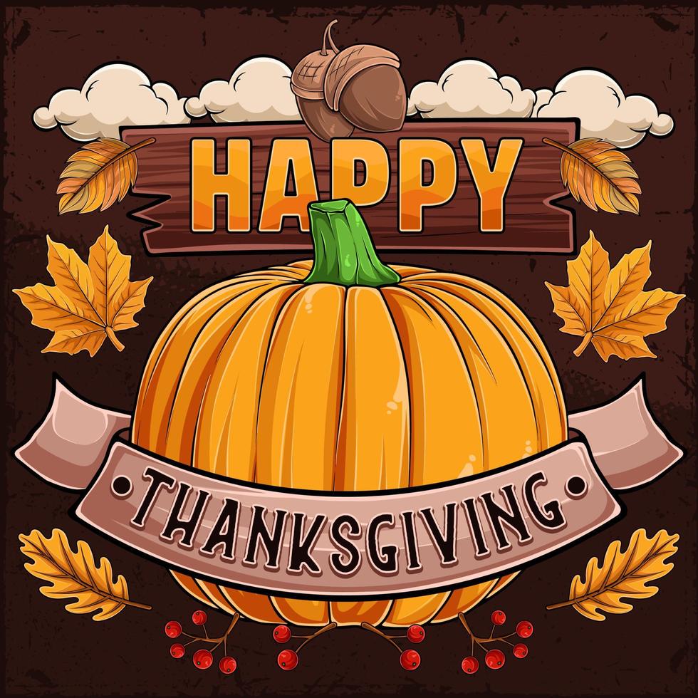 Happy Thanksgiving day poster with pumpkin, autumn leaves, nuts and cranberries vector