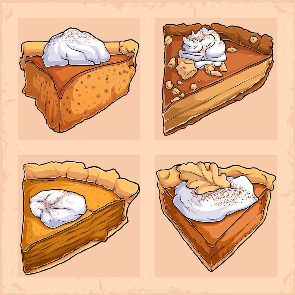 Hand drawn Four pumpkin pie slices for Thanksgiving and and National Pumpkin day vector