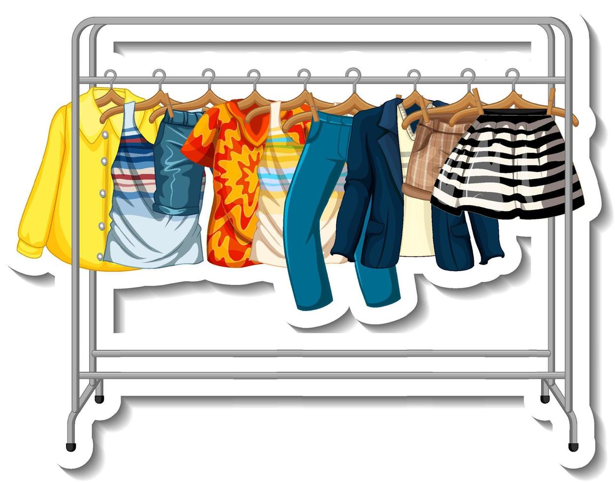 A sticker template of Clothes racks with many clothes on hangers on white background vector