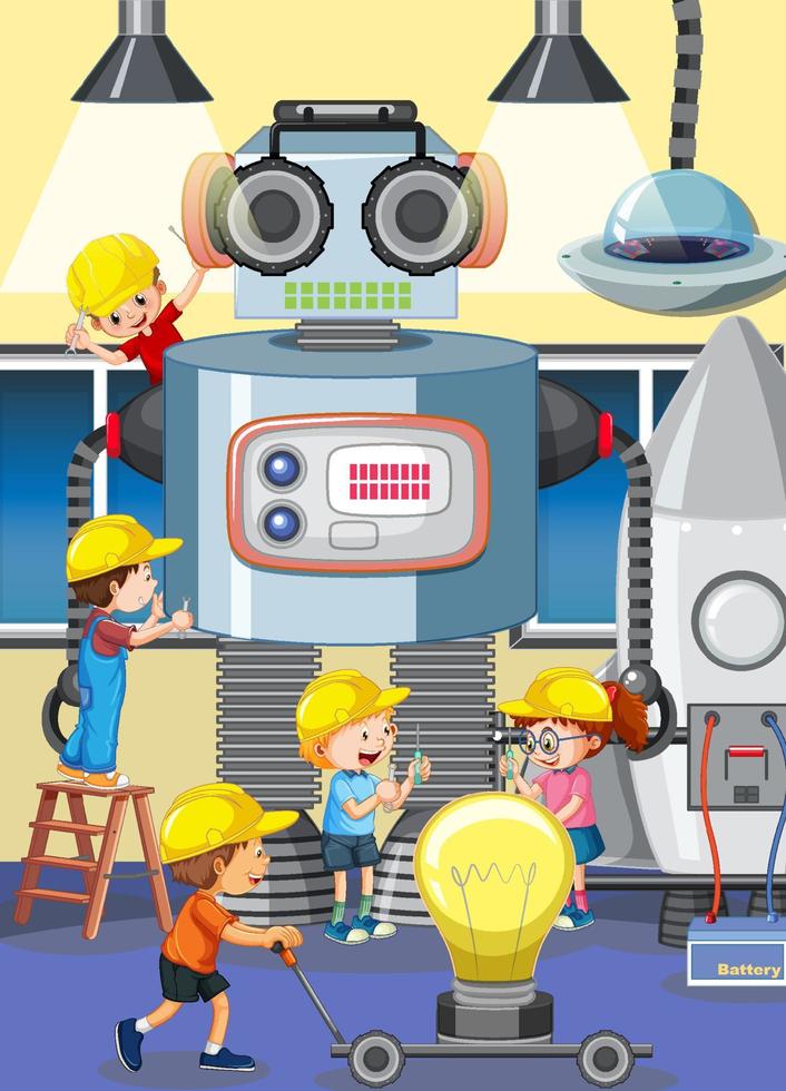 Scene with children building robot together vector