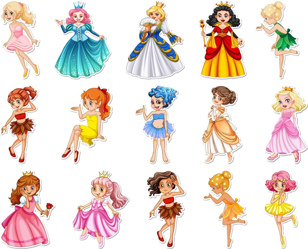 Set of stickers with beautiful fairies and mermaid cartoon character vector