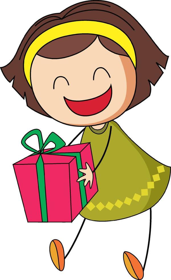 un niño doodle sosteniendo un personaje de dibujos animados de caja de regalo aislado vector