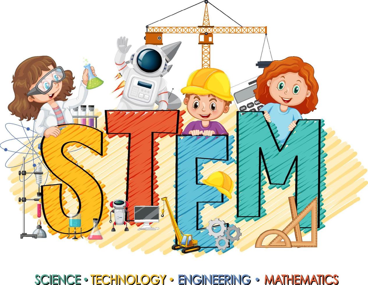 STEM education logo with children cartoon character vector