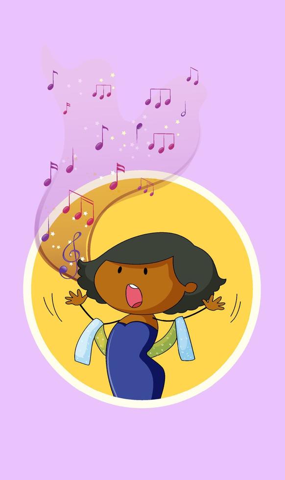 Doodle personaje de dibujos animados de una mujer cantante cantando con símbolos de melodía musical vector