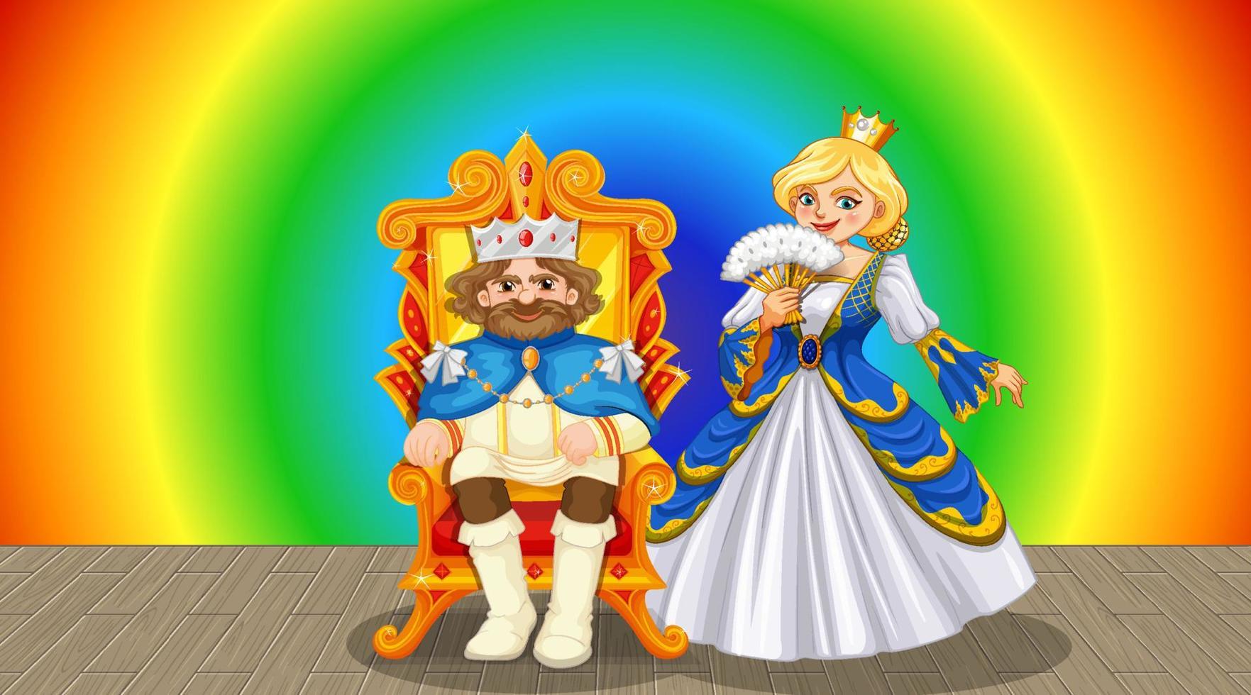 King and queen cartoon character on rainbow gradient background vector