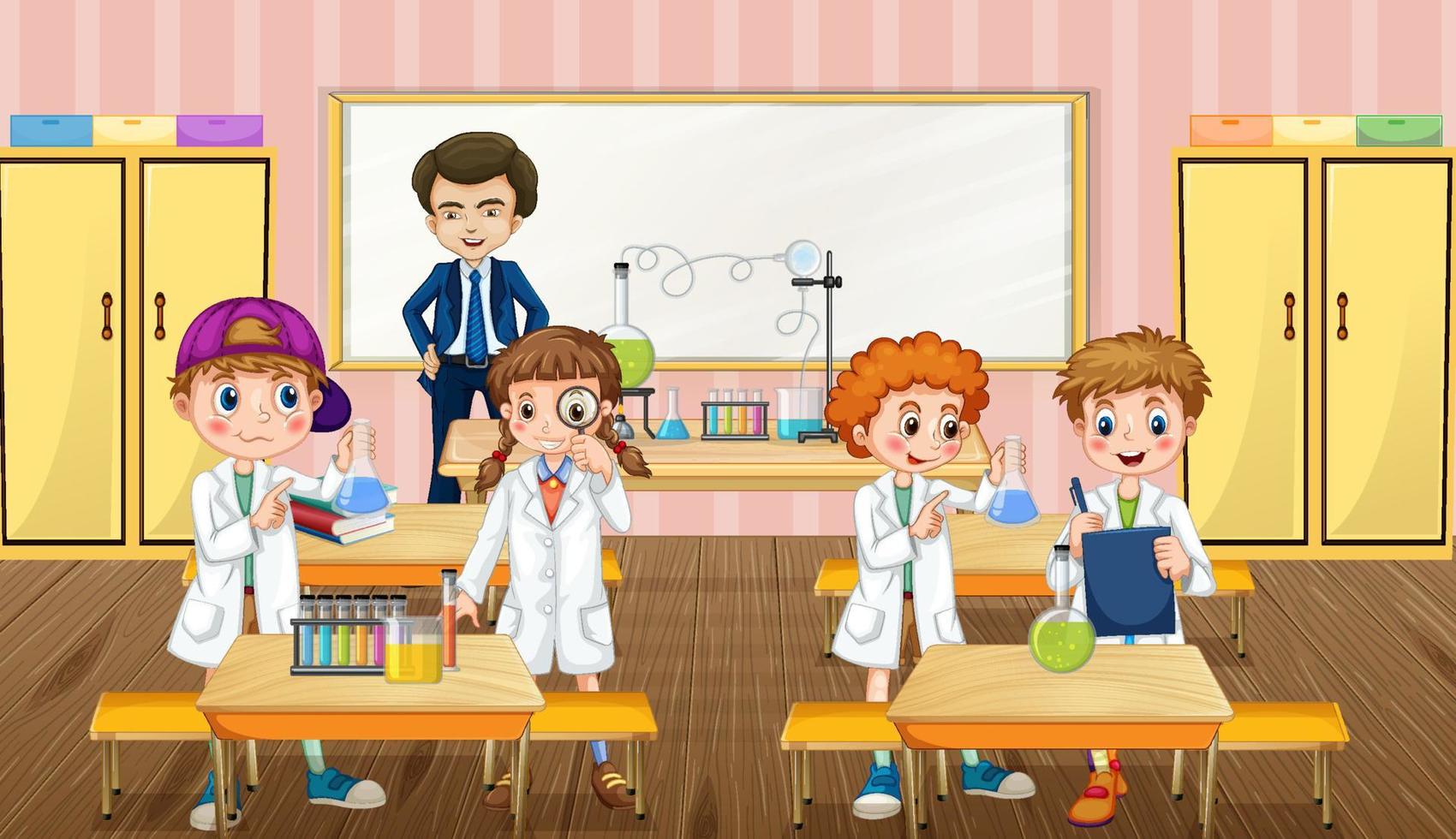 Scene with school kids doing chemistry experiment in the classroom vector