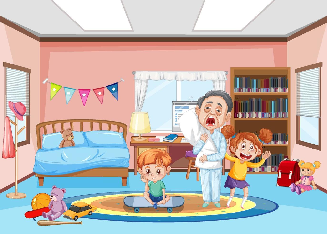 Interior of bedroom with children cartoon character vector