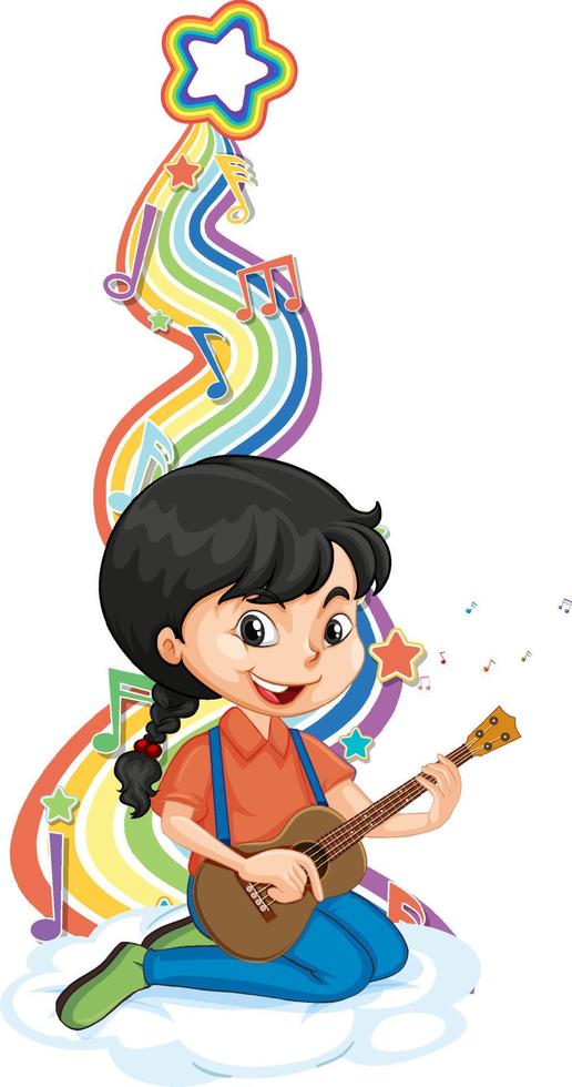 Girl playing guitar with melody symbols on rainbow wave vector