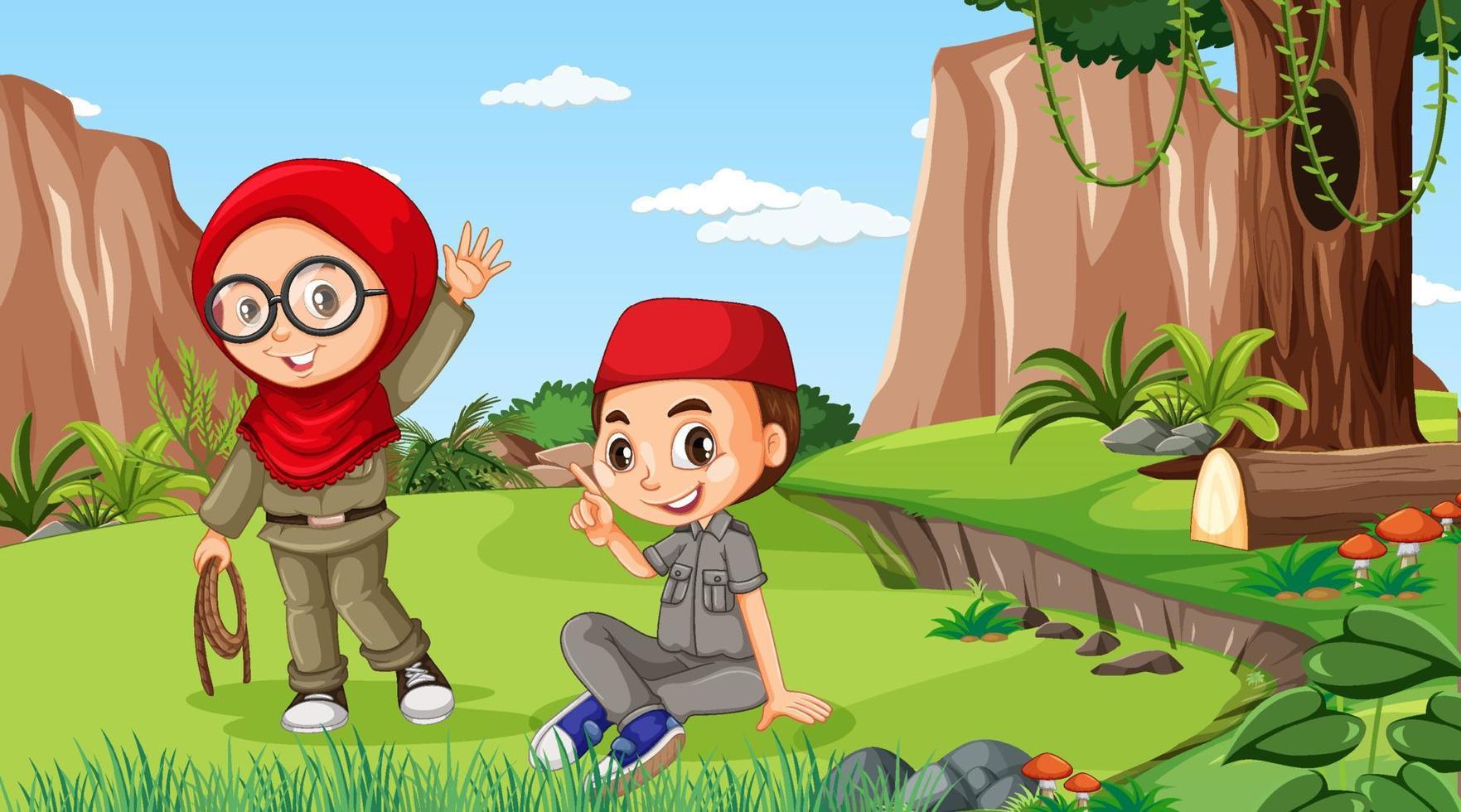 escena de la naturaleza con niños musulmanes explorando en el bosque vector