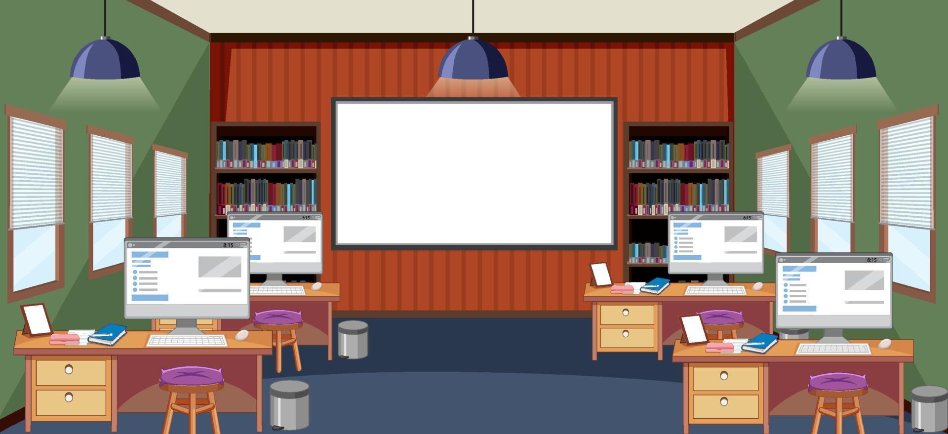 Escena del aula con muchas computadoras en los escritorios. vector