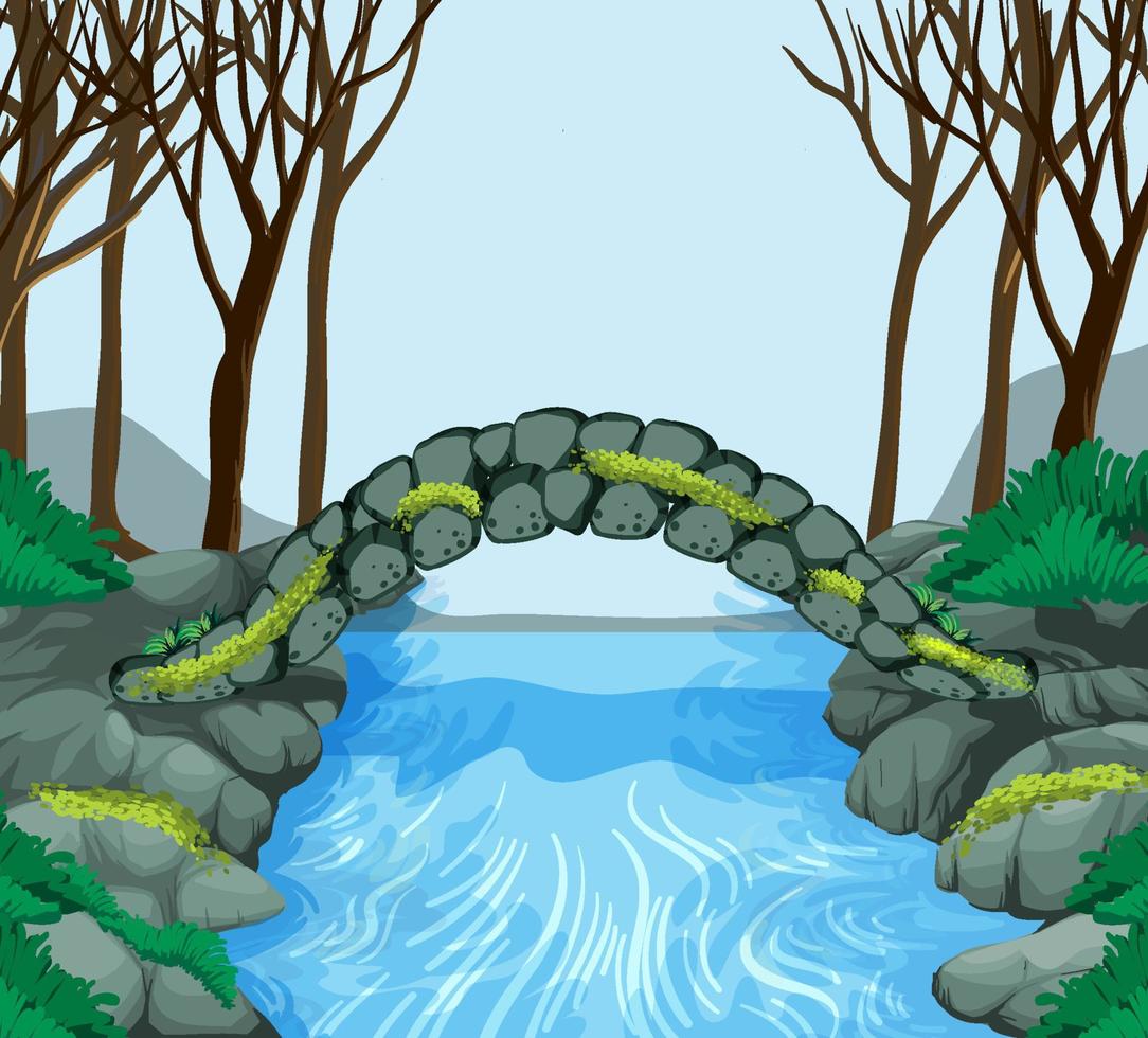 Escena del bosque con puente de piedra que cruza el río. vector