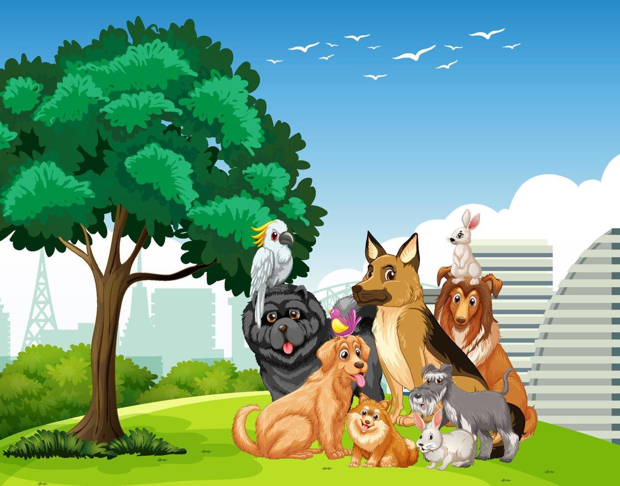 Group of pet in the park scene vector