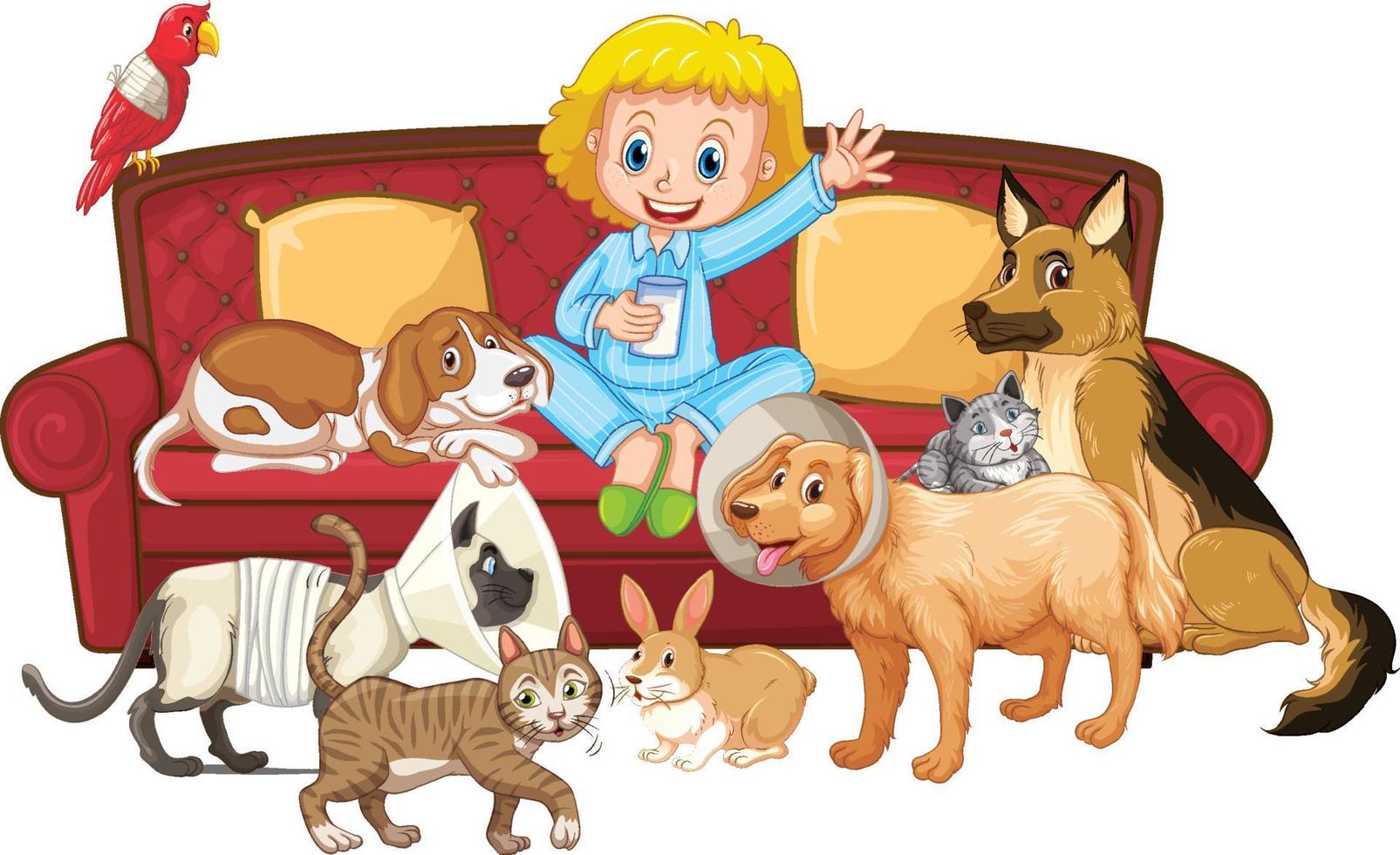 Little girl sitting with many kind of her pets vector