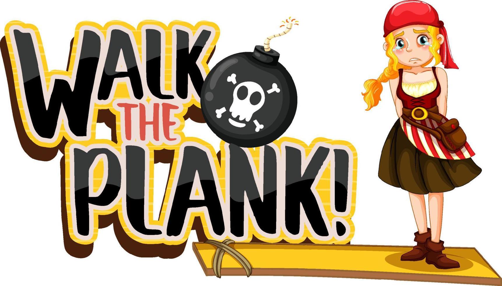 Walk the plank logo banner with a pirate girl cartoon character vector