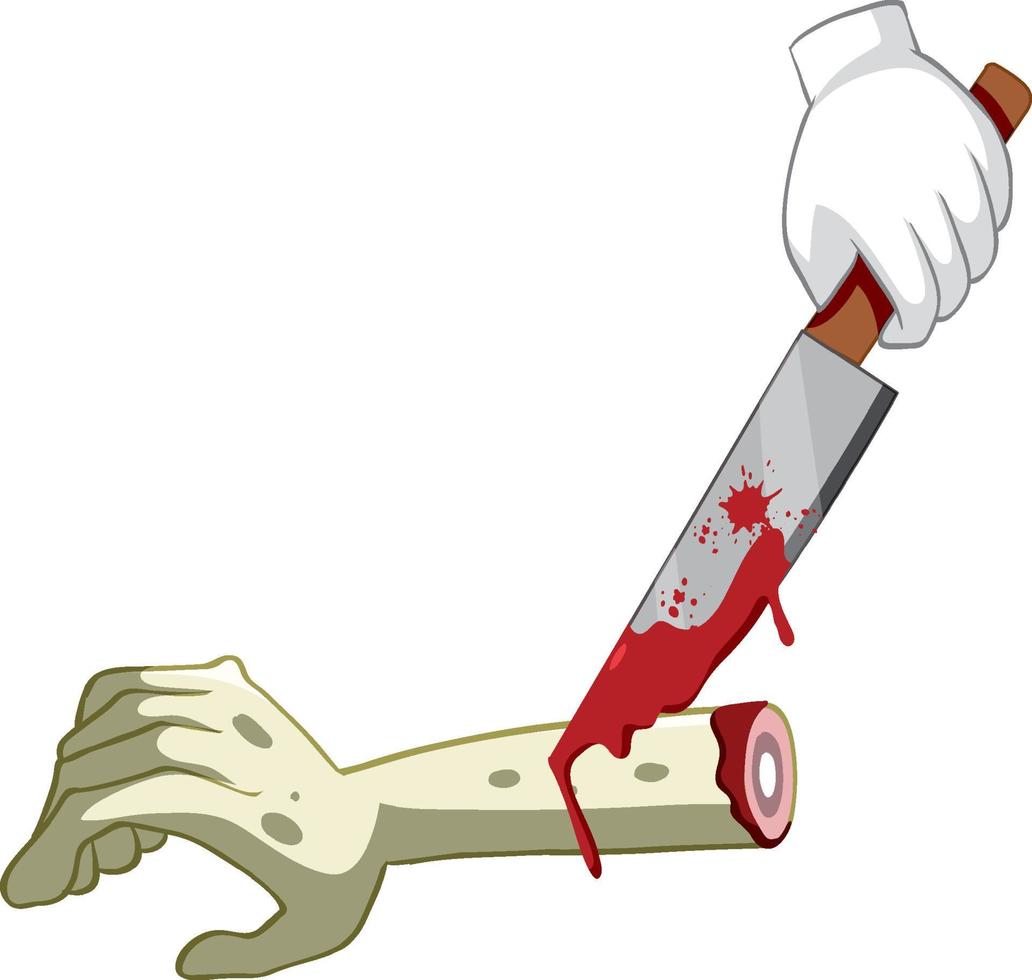 Cut zombie hand with knife on white background vector