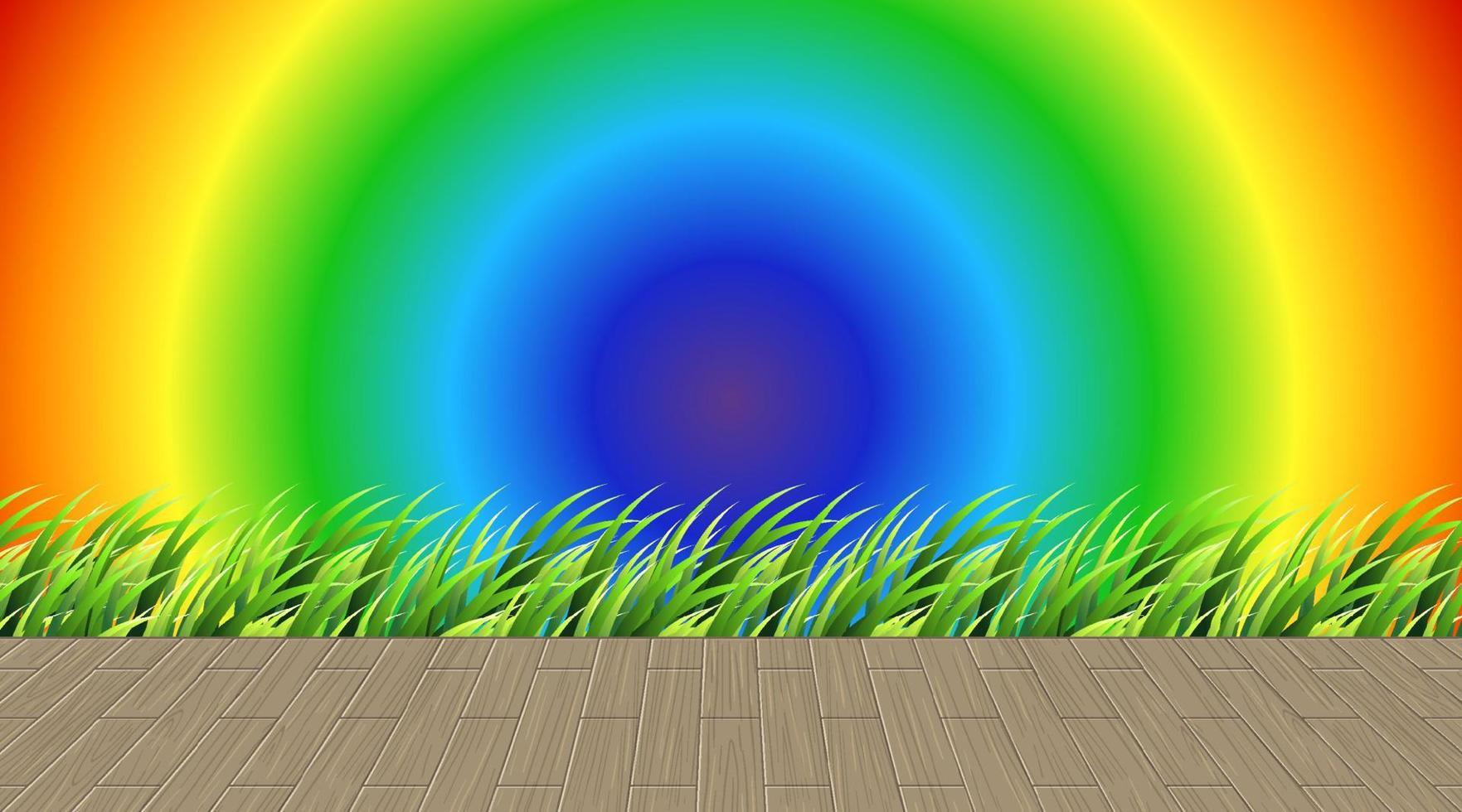 Grass and wood floor on rainbow gradient background vector