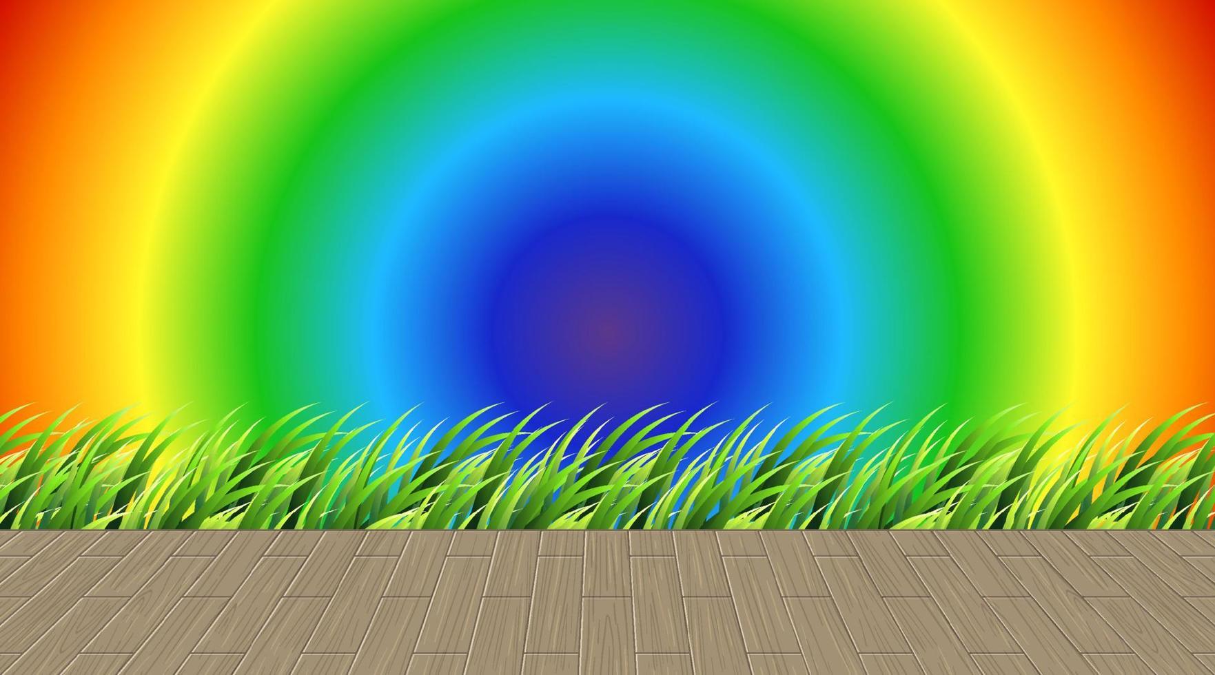 césped y piso de madera sobre fondo degradado de arco iris vector