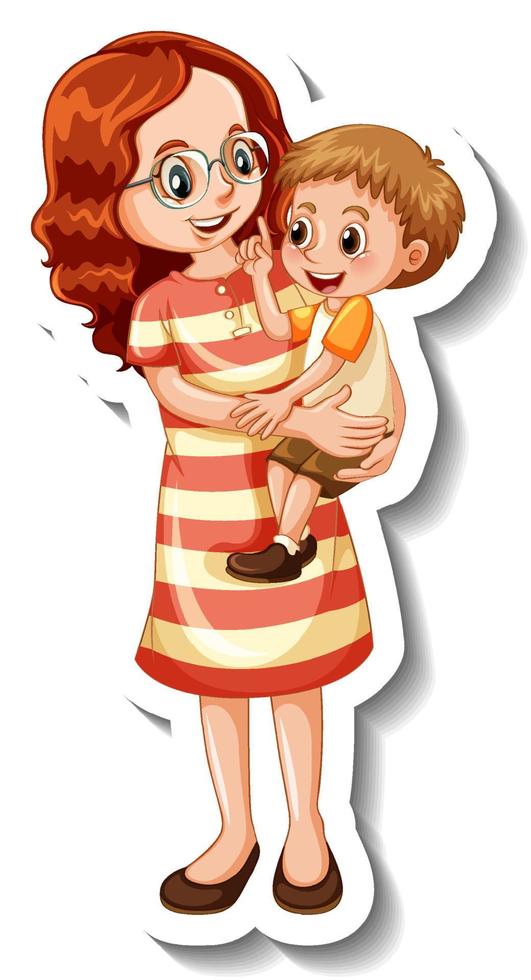 A sticker template with mother holding her son in standing pose vector