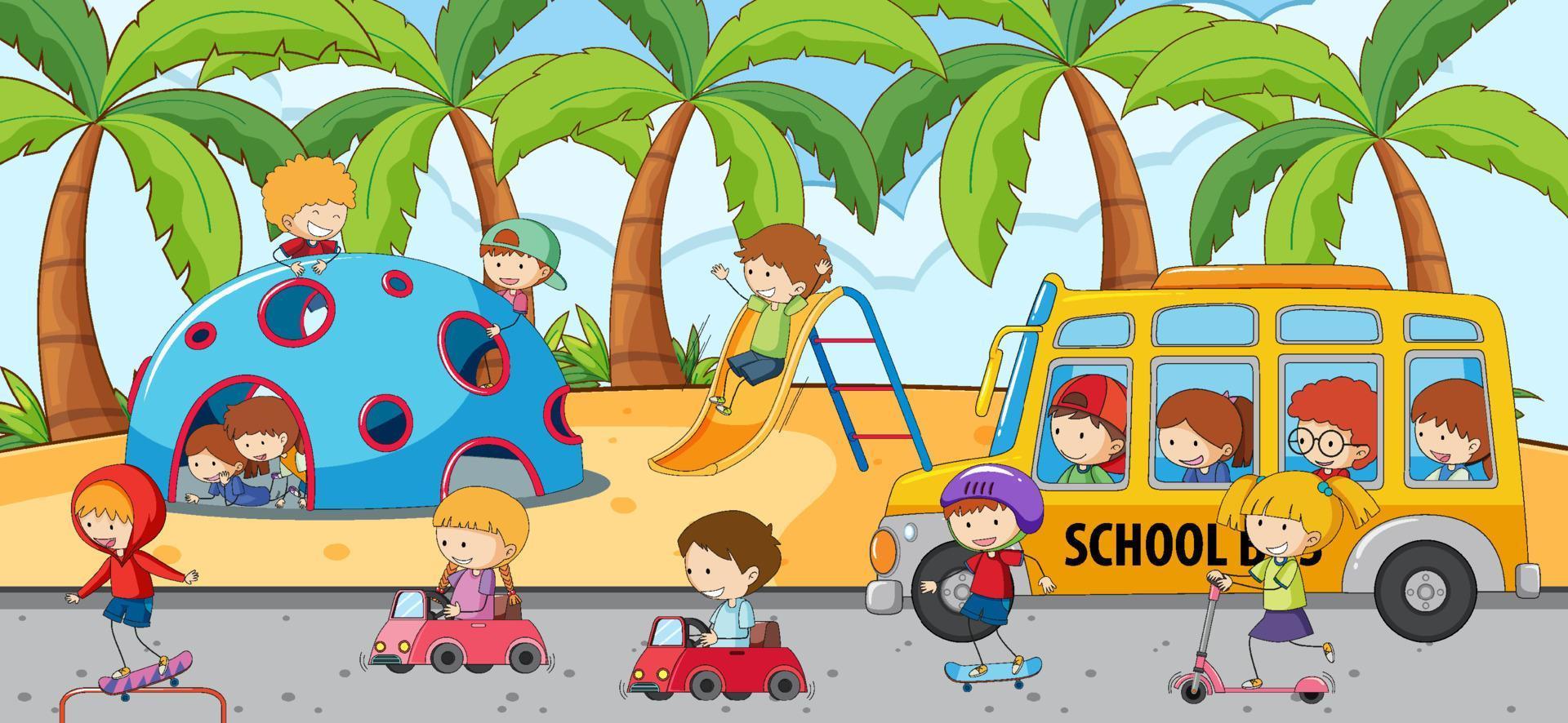 Escena de playa con muchos niños doodle personaje de dibujos animados vector