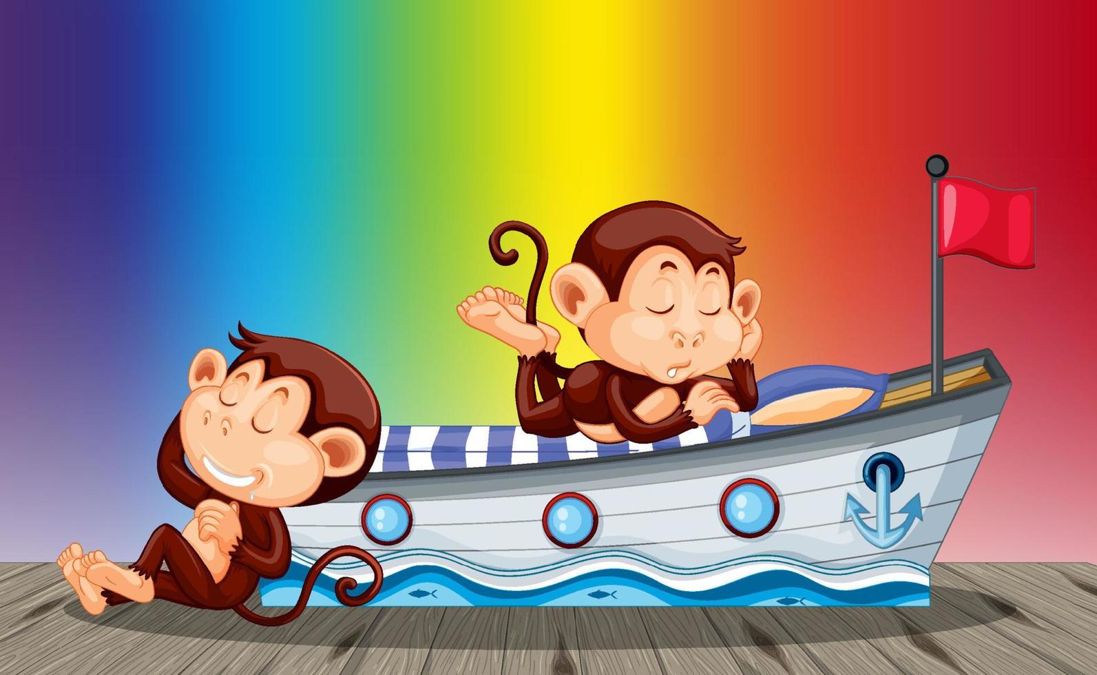 Two monkeys sleeping on rainbow gradient background vector
