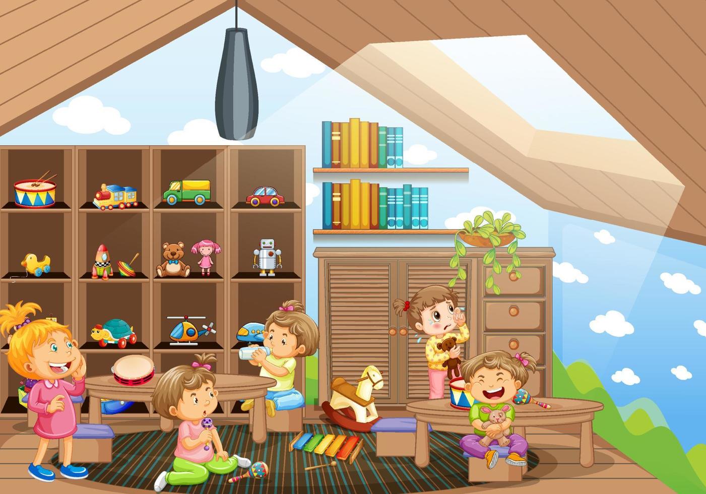 Nursery room scene with many little kids vector
