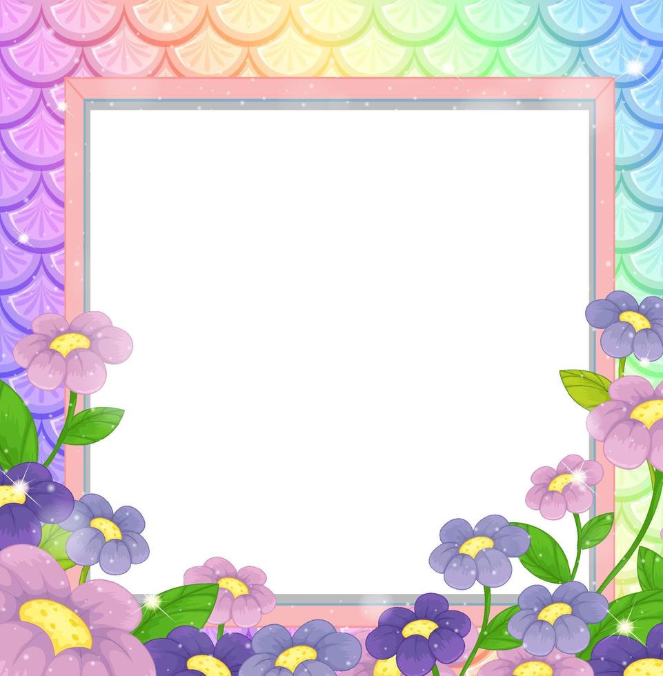 Banner en blanco sobre fondo de escamas de pez arco iris con muchas flores vector