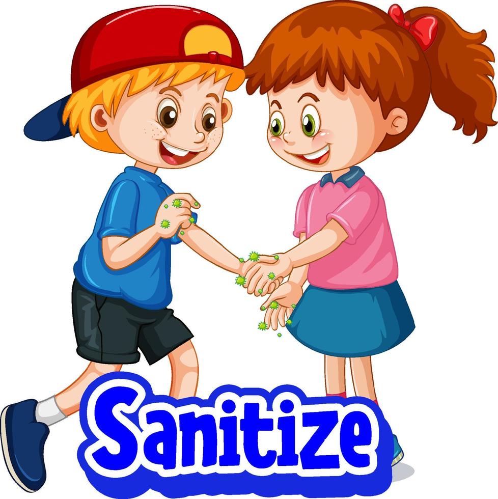 Two kids cartoon character do not keep social distance with Sanitize font isolated on white background vector